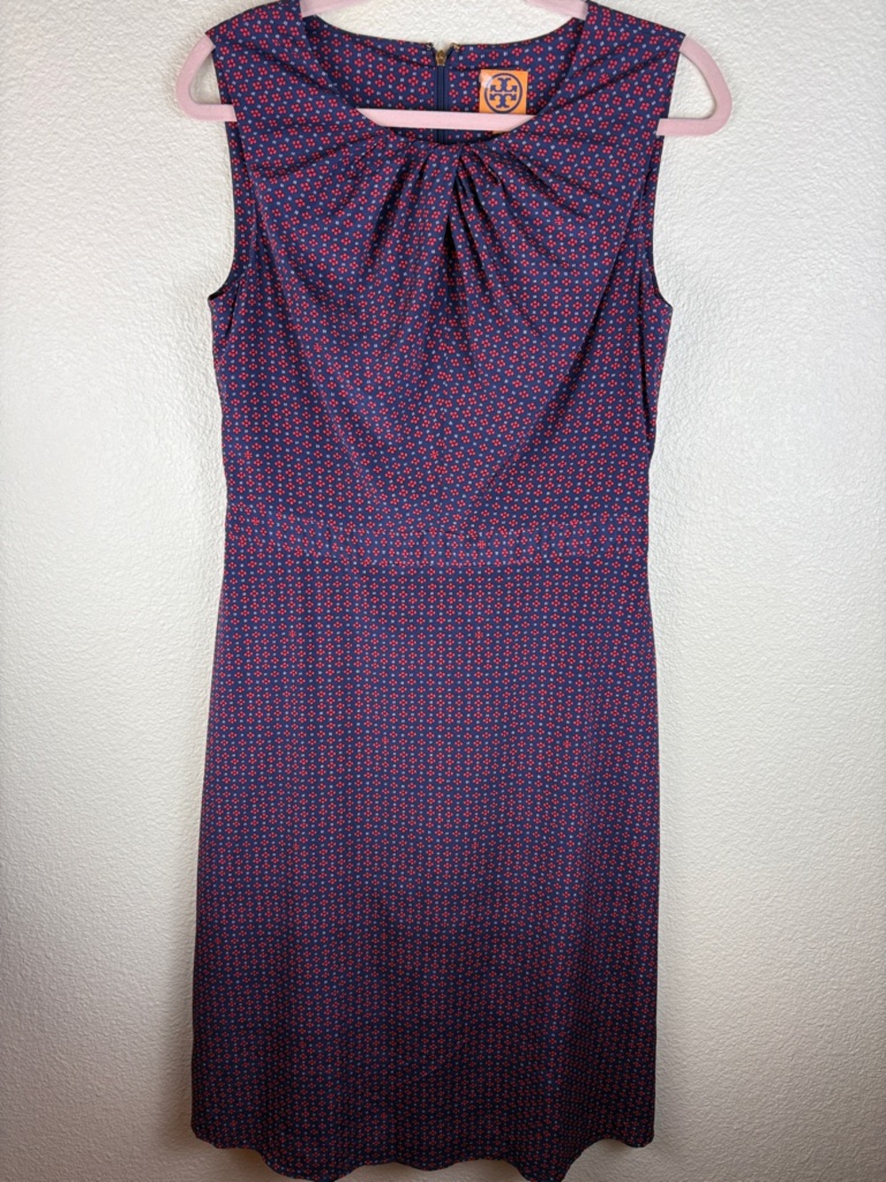 Tory Burch Navy Red Floral Sleeveless "A-Line Sheath" Silk Dress Lined Size 8